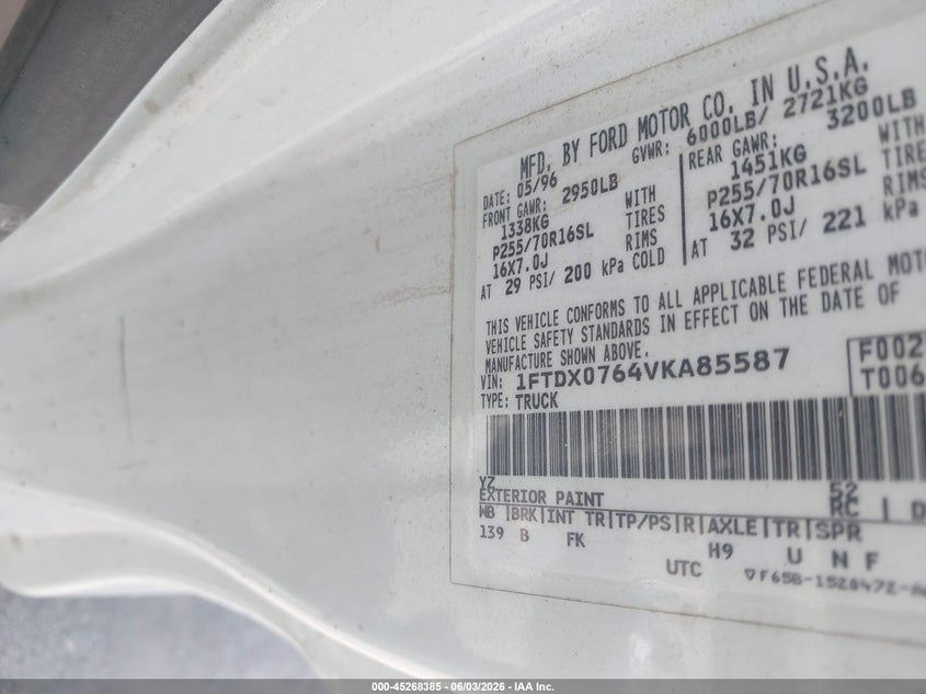 1997 Ford F-150 Lariat/Standard/Xl/Xlt VIN: 1FTDX0764VKA85587 Lot: 45268385