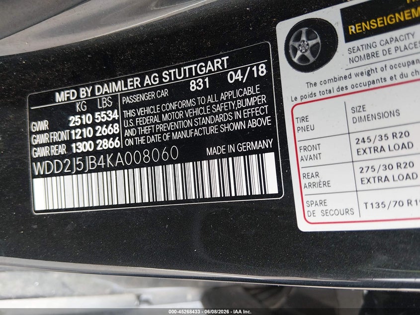 2019 Mercedes-Benz Cls 450 VIN: WDD2J5JB4KA008060 Lot: 45268433
