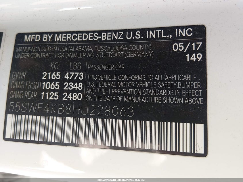 2017 Mercedes-Benz C 300 4Matic VIN: 55SWF4KB8HU228063 Lot: 45268448