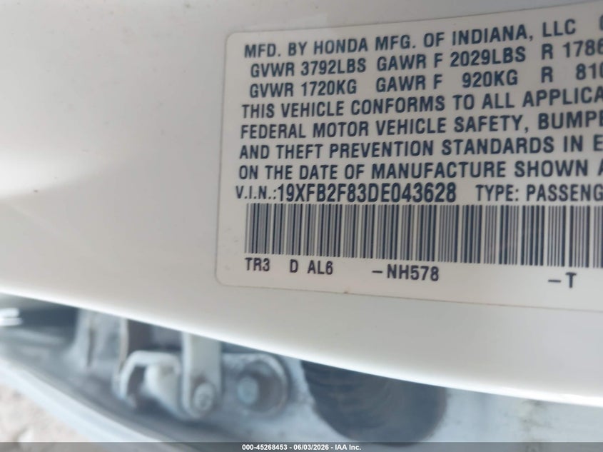 2013 HONDA CIVIC SEDAN 1.8L I-4 VVT, 140HP