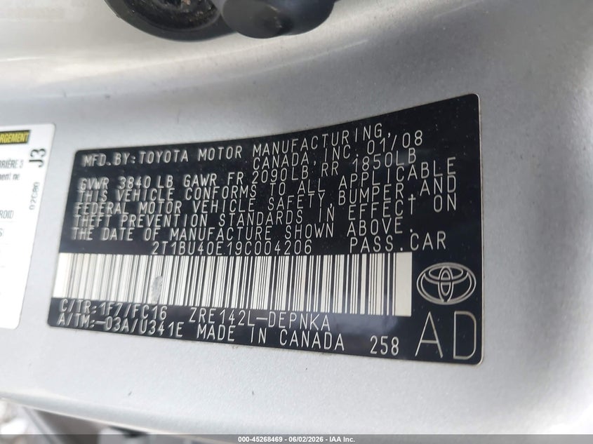 2009 TOYOTA COROLLA SEDAN 1.8L I-4 DOHC, VVT, 132HP