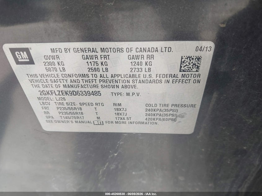 2013 Gmc Terrain 2.4 Denali grey Lot 111045268538 Vin 2GKFLZEK9D6339485