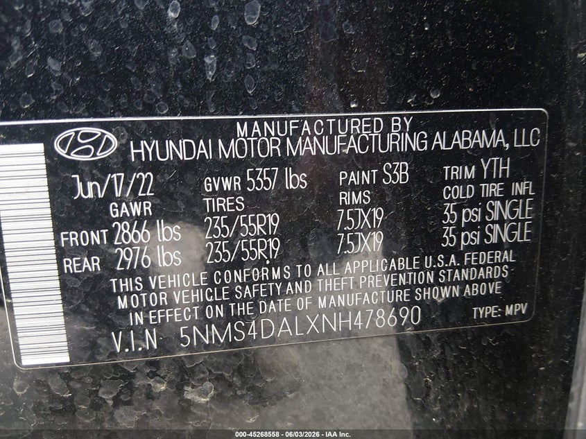 2022 Hyundai Santa Fe Limited VIN: 5NMS4DALXNH478690 Lot: 45268558