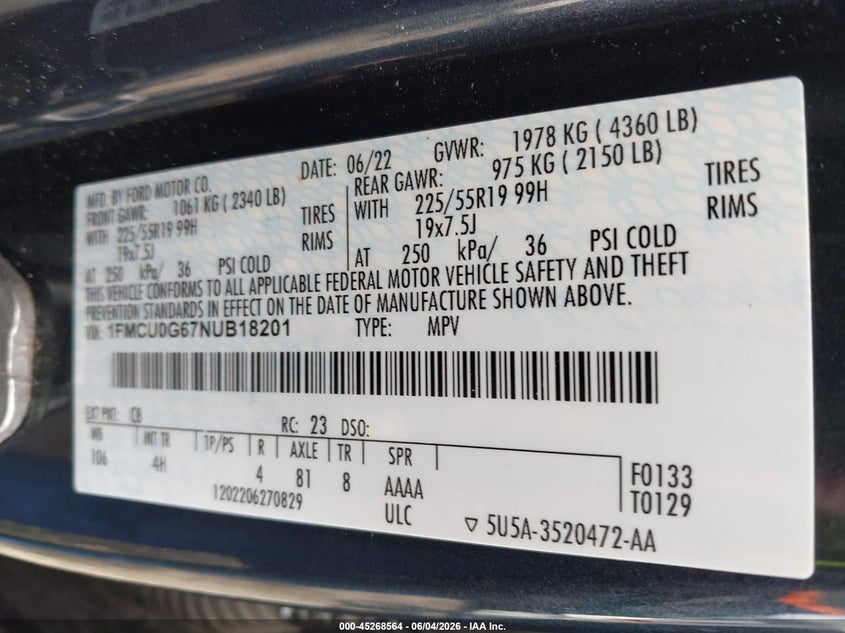 2022 Ford Escape Se VIN: 1FMCU0G67NUB18201 Lot: 45268564