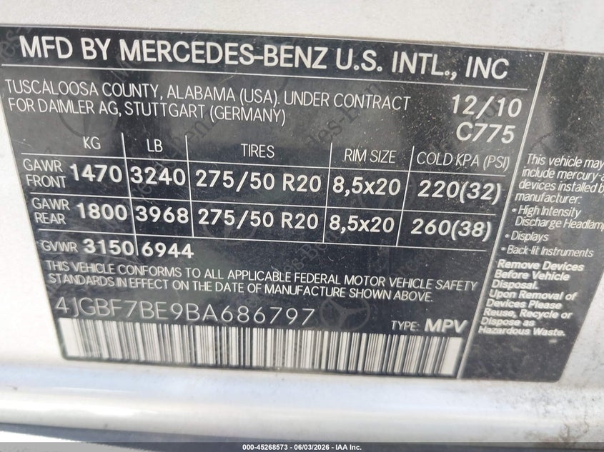 2011 Mercedes-Benz Gl 450 4Matic VIN: 4JGBF7BE9BA686797 Lot: 45268573