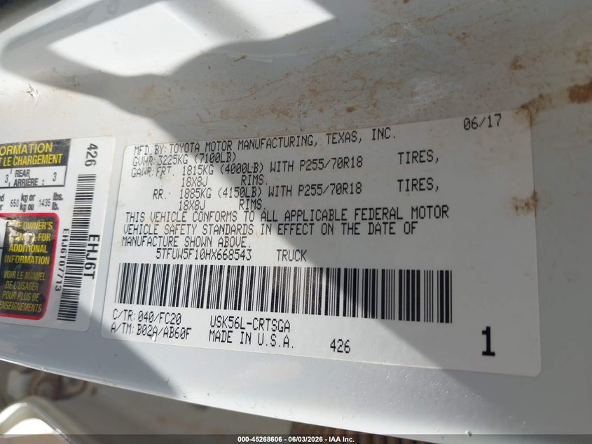 2017 Toyota Tundra Sr5 5.7L V8 VIN: 5TFUW5F10HX668543 Lot: 45268606