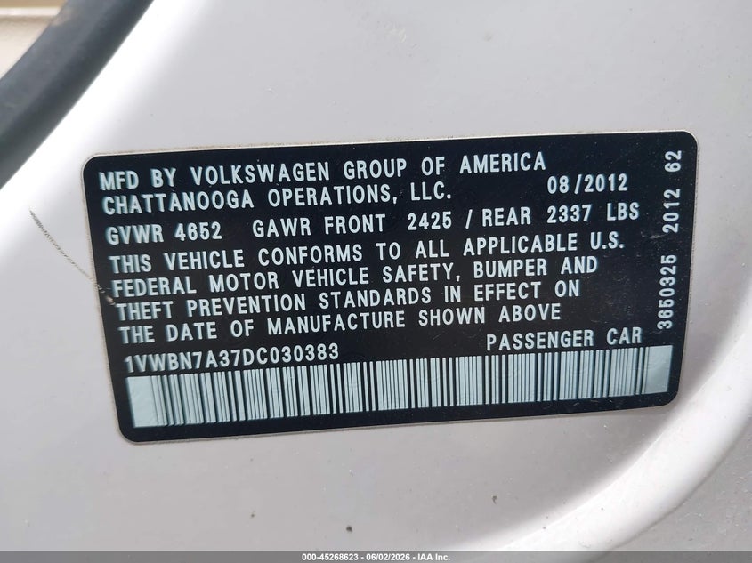 2013 Volkswagen Passat 2.0L Tdi Se VIN: 1VWBN7A37DC030383 Lot: 45268623