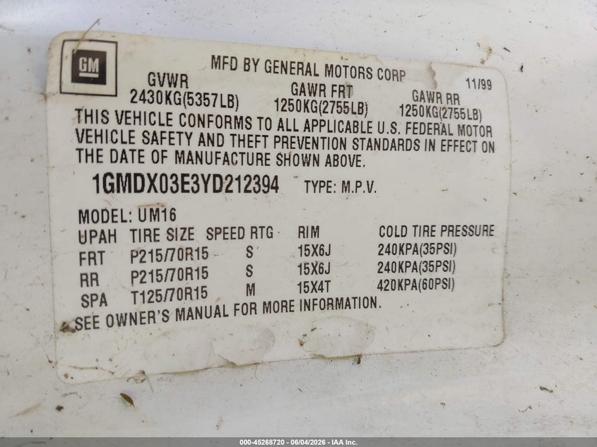 2000 Pontiac Montana M16 VIN: 1GMDX03E3YD212394 Lot: 45268720