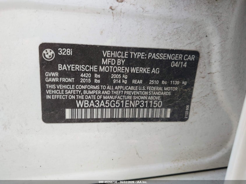 2014 BMW 3ER SEDAN 2.0L I-4 DI, DOHC, VVT, TURBO, 240HP