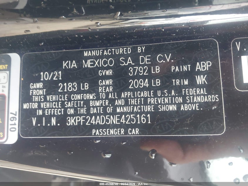 2022 Kia Forte Lxs VIN: 3KPF24AD5NE425161 Lot: 45268740