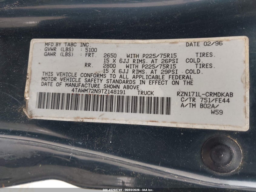 1996 Toyota Tacoma Xtracab VIN: 4TAWM72N9TZ148191 Lot: 45268749