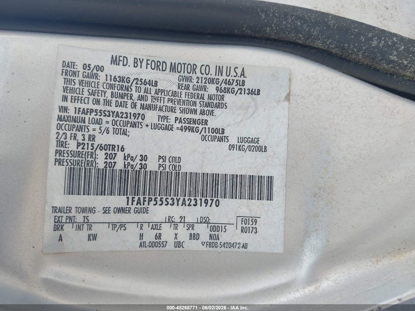 2000 Ford Taurus Ses VIN: 1FAFP55S3YA231970 Lot: 45268771
