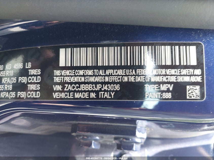 2018 Jeep Renegade Altitude 4X4 VIN: ZACCJBBB3JPJ43036 Lot: 45268776