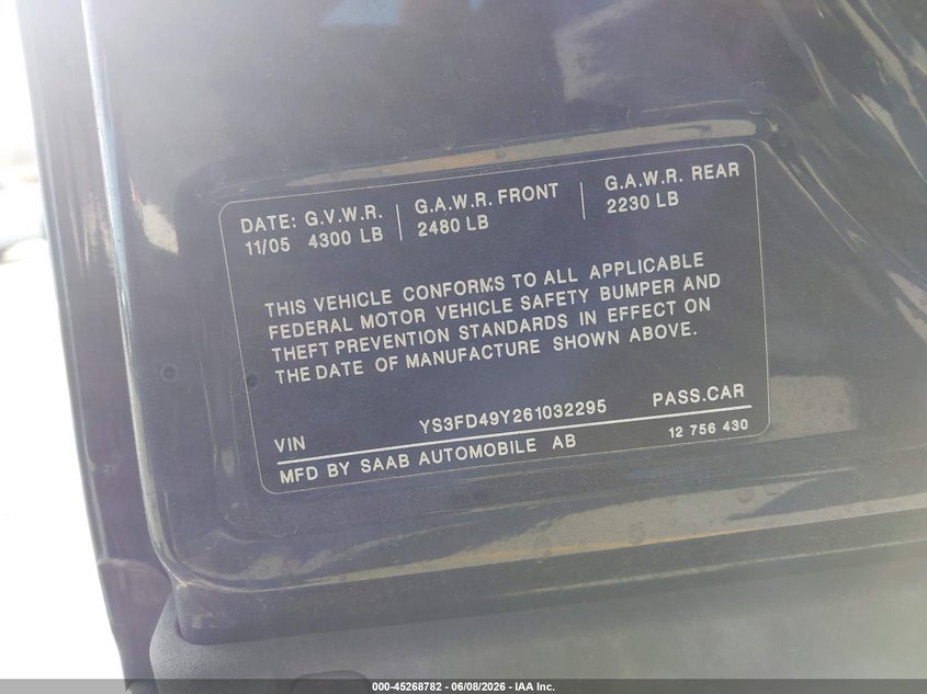 2006 Saab 9-3 2.0T VIN: YS3FD49Y261032295 Lot: 45268782