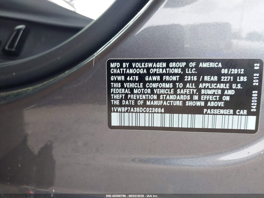 2013 Volkswagen Passat 2.5L Se VIN: 1VWBP7A35DC023684 Lot: 45268796