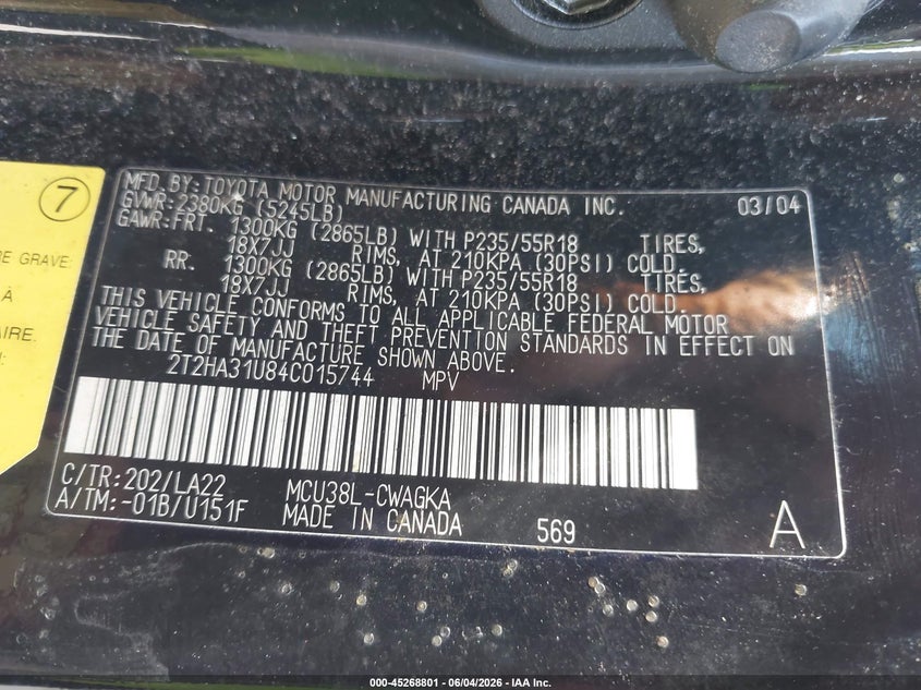 2004 Lexus Rx 330 VIN: 2T2HA31U84C015744 Lot: 45268801