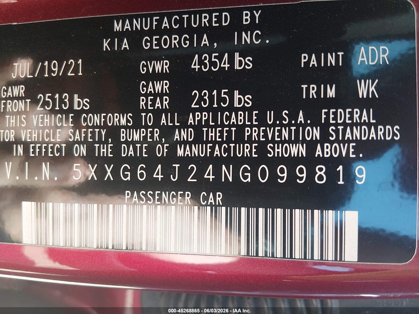 2022 Kia K5 Gt-Line VIN: 5XXG64J24NG099819 Lot: 45268865