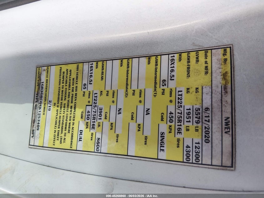 2019 Chevrolet Express Cutaway 4500 VIN: 1GB3GRCG4K1253409 Lot: 45268868