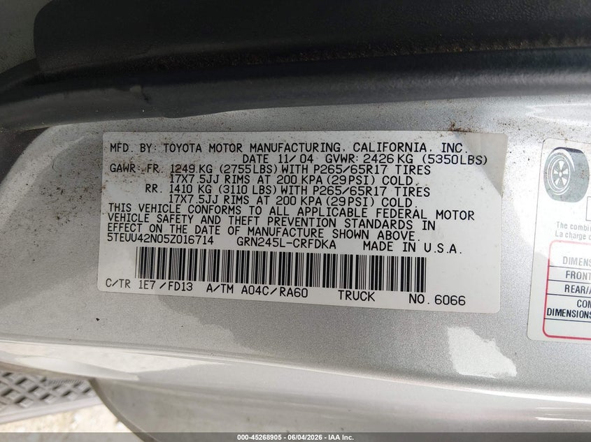 2005 Toyota Tacoma Base V6 VIN: 5TEUU42N05Z016714 Lot: 45268905