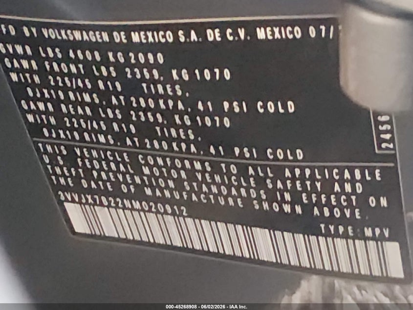 2022 Volkswagen Taos 1.5T Sel VIN: 3VVJX7B22NM020912 Lot: 45268908