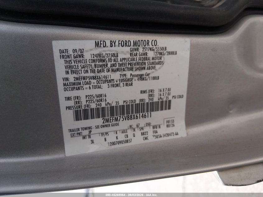 2008 Mercury Grand Marquis Ls VIN: 2MEFM75V88X614611 Lot: 45268964