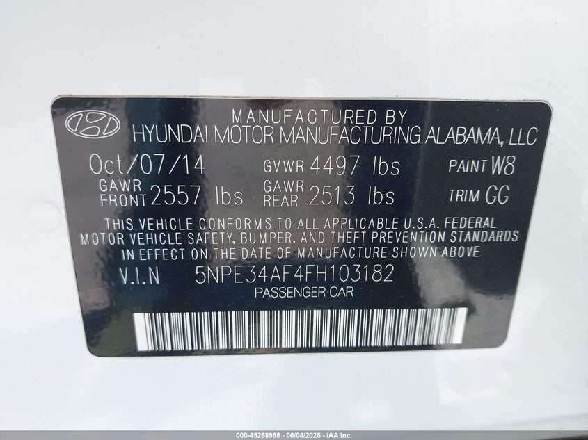 2015 Hyundai Sonata Limited VIN: 5NPE34AF4FH103182 Lot: 45268988