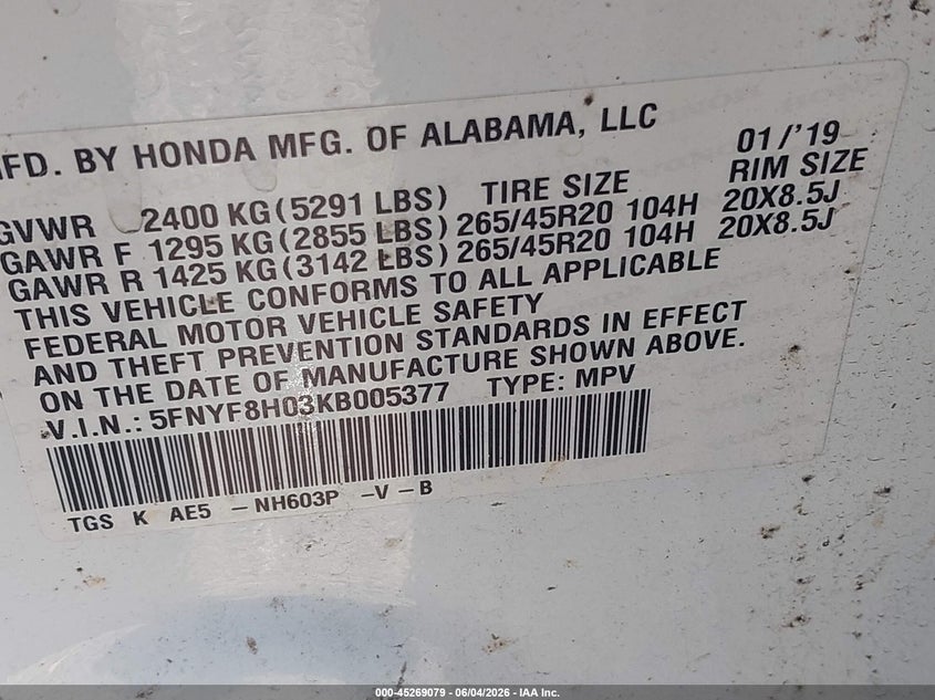 2019 Honda Passport Elite VIN: 5FNYF8H03KB005377 Lot: 45269079