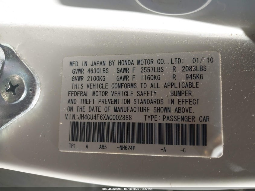 2010 Acura Tsx 3.5 VIN: JH4CU4F6XAC002888 Lot: 45269098