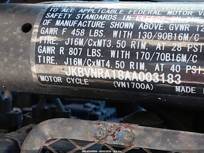 2010 Kawasaki Vn1700 A VIN: JKBVNRA18AA003183 Lot: 45269099