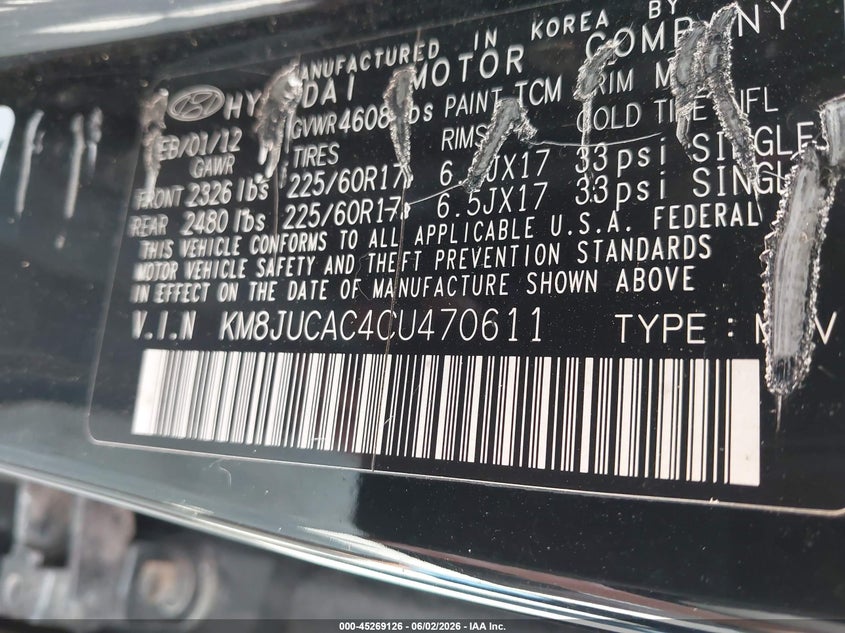 2012 Hyundai Tucson Gls VIN: KM8JUCAC4CU470611 Lot: 45269126