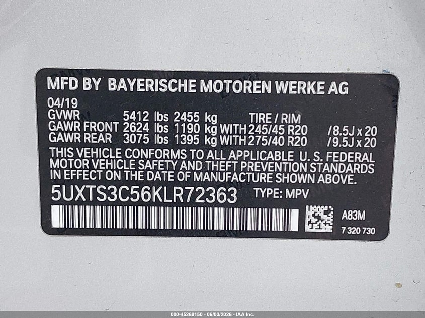 2019 BMW X3 M40I VIN: 5UXTS3C56KLR72363 Lot: 45269150