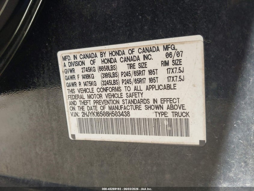 2008 Honda Ridgeline Rtl VIN: 2HJYK16508H503438 Lot: 45269193
