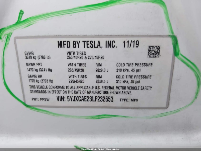 2020 Tesla Model X Long Range Dual Motor All-Wheel Drive/Long Range Plus Dual Motor All-Wheel Drive VIN: 5YJXCAE23LF232653 Lot: 45269230