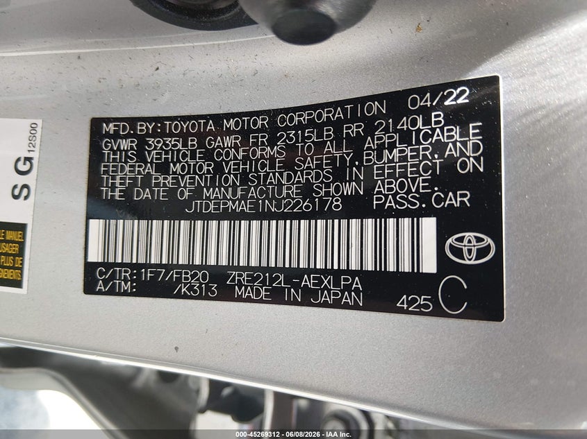 2022 TOYOTA COROLLA 1.8L I-4 DOHC, VVT, (VIN: JTDEPMAE1NJ226178