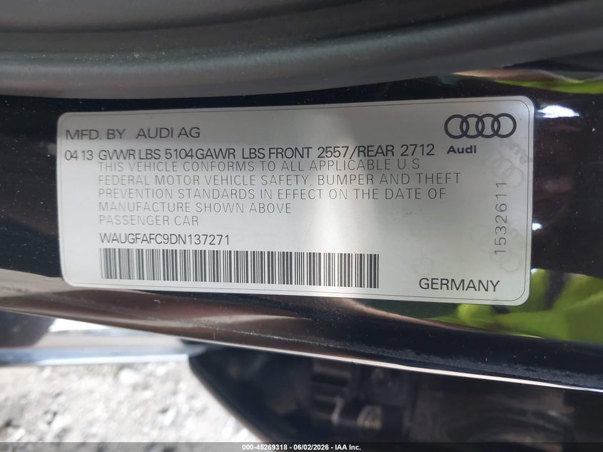 2013 Audi A6 2.0T Premium VIN: WAUGFAFC9DN137271 Lot: 45269318