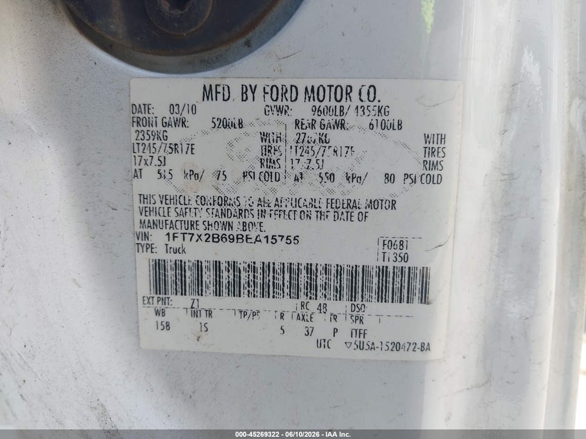 2011 Ford F-250 Xl VIN: 1FT7X2B69BEA15755 Lot: 45269322