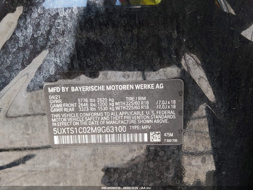2021 BMW X3 Phev xDrive30E VIN: 5UXTS1C02M9G63100 Lot: 45269338