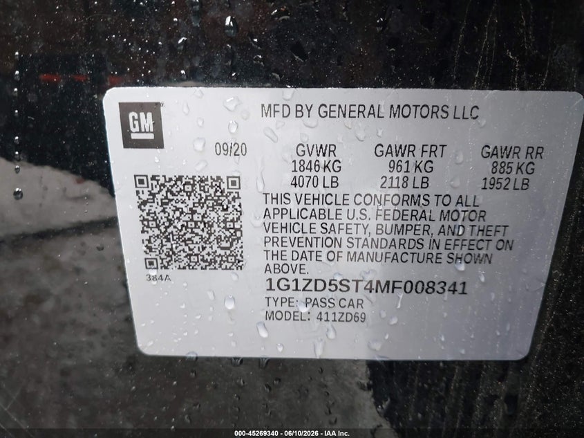 2021 Chevrolet Malibu Fwd Lt VIN: 1G1ZD5ST4MF008341 Lot: 45269340