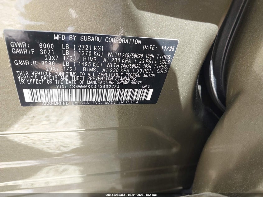 2026 Subaru Ascent Touring 7-Passenger VIN: 4S4WMAKD4T3402784 Lot: 45269361