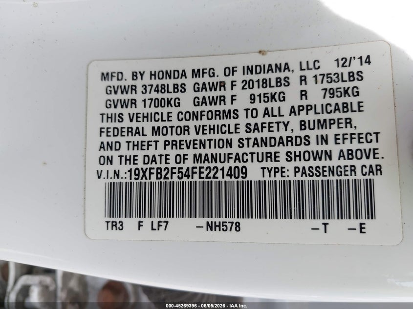 2015 Honda Civic Lx VIN: 19XFB2F54FE221409 Lot: 45269396