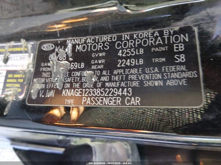 2008 Kia Optima Ex VIN: KNAGE123385229443 Lot: 45269458