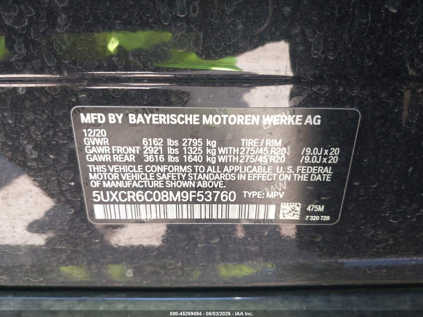2021 BMW X5 xDrive40I VIN: 5UXCR6C08M9F53760 Lot: 45269494