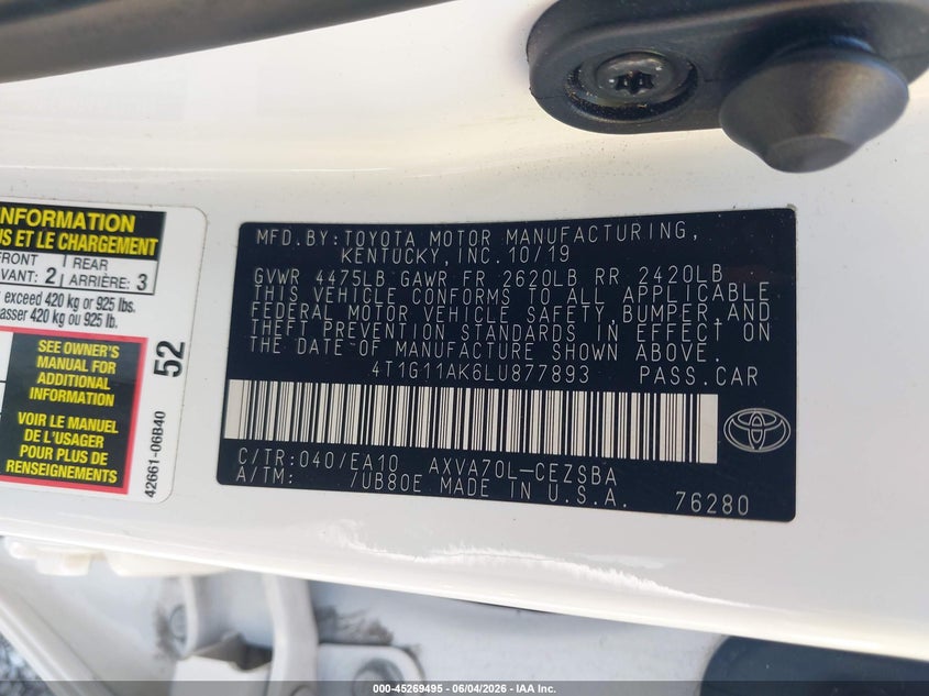 2020 Toyota Camry Se VIN: 4T1G11AK6LU877893 Lot: 45269495