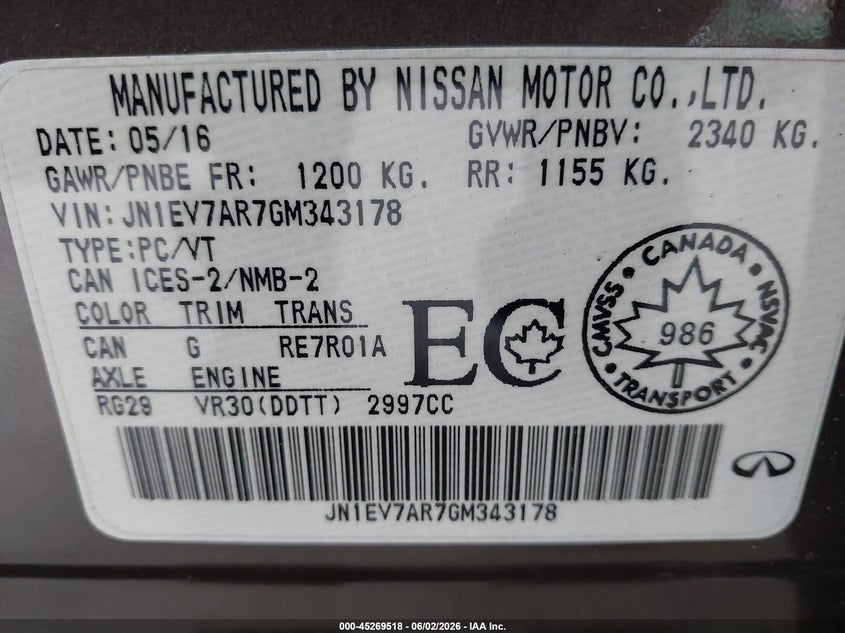 2016 Infiniti Q50 3.0T Premium/3.0T Sport VIN: JN1EV7AR7GM343178 Lot: 45269518