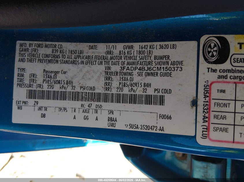 2012 Ford Fiesta 1.6 Se blue Lot 111045269544 Vin 3FADP4BJ6CM150373