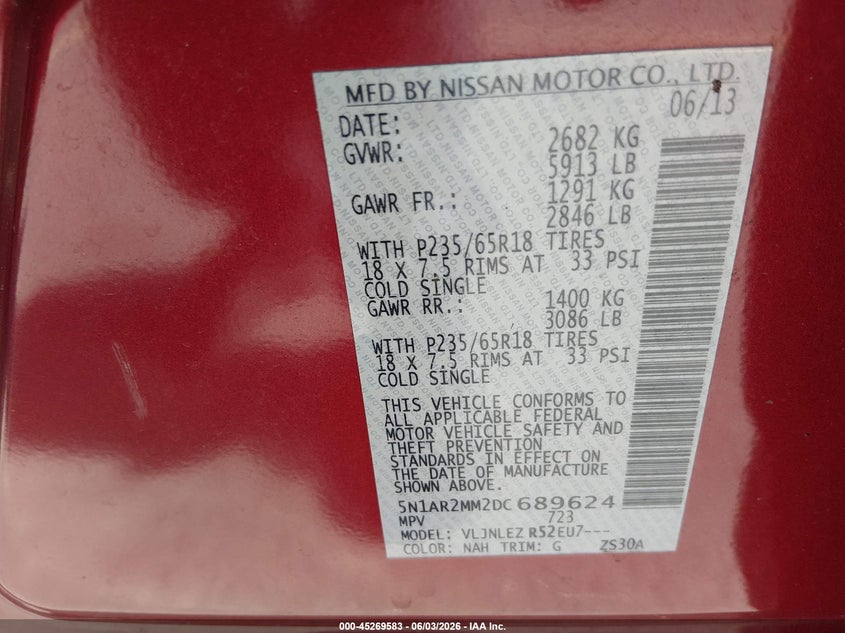 2013 Nissan Pathfinder Sv VIN: 5N1AR2MM2DC689624 Lot: 45269583