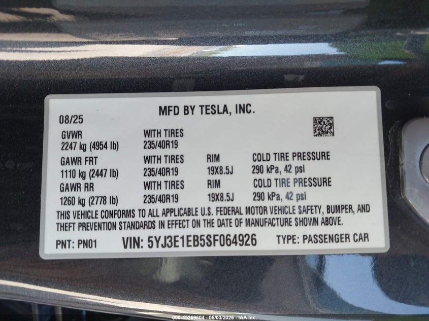 2025 Tesla Model 3 Long Range All-Wheel Drive VIN: 5YJ3E1EB5SF064926 Lot: 45269604