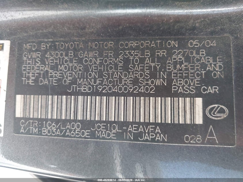 2004 Lexus Is 300 VIN: JTHBD192040092402 Lot: 45269614