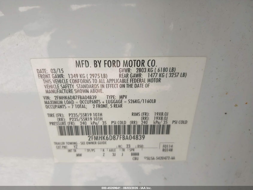 2015 Ford Flex Limited VIN: 2FMHK6D87FBA04839 Lot: 45269641