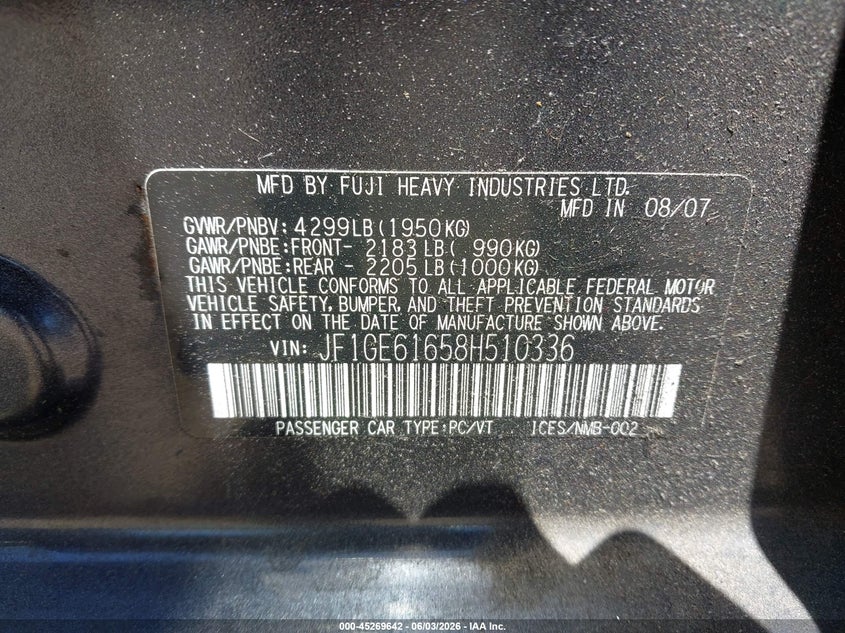 2008 Subaru Impreza (Natl) I W/Premium Pkg VIN: JF1GE61658H510336 Lot: 45269642